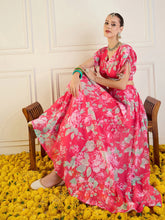 Women Red Floral Anarkali Skirt With Crop Top-SHSET95948